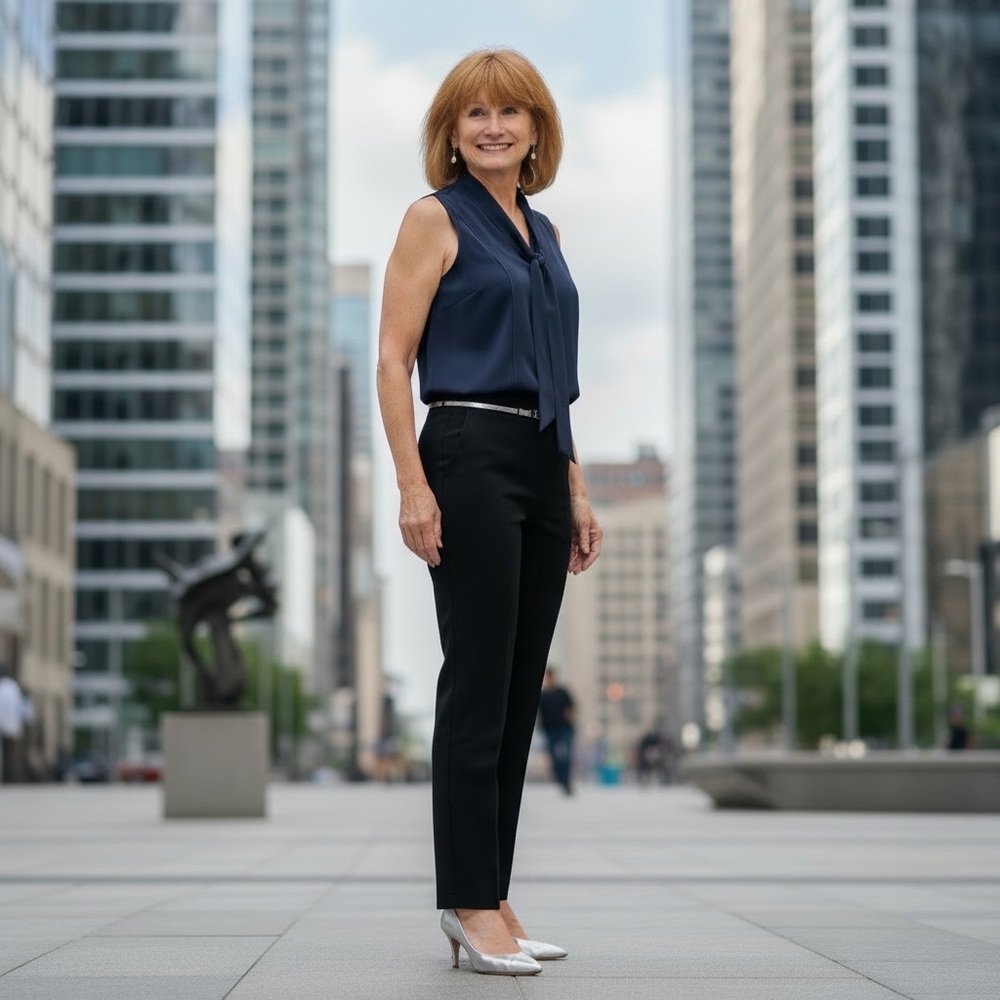 St. John Classic Navy silk sleeveless blouse with tie